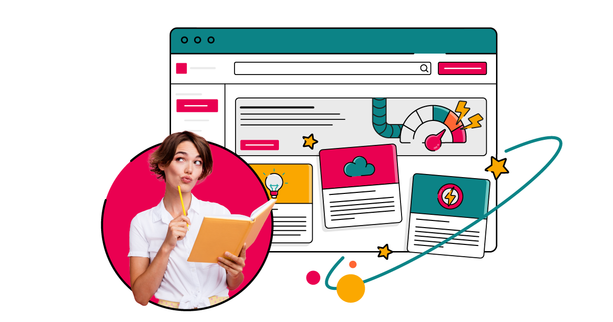 A person in a white shirt, holding a notebook and pencil and looking thoughtfully upwards, is framed in a bright pink circle in front of an illustrated Confluence window with colourful cards, icons, and a speedometer‑style gauge—evoking creativity, ideas, and boosting digital workflows.