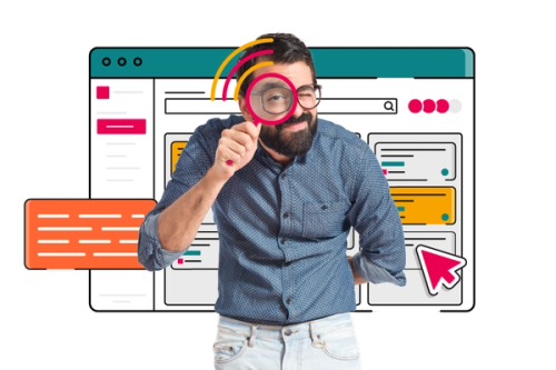 Illustration of a person standing in front of a stylised Jira interface in ScriptRunner brand colours, holding a large pink magnifying glass up to their eye. The background window shows colourful cards, text blocks, and a large pink cursor icon, suggesting searching and exploring content.