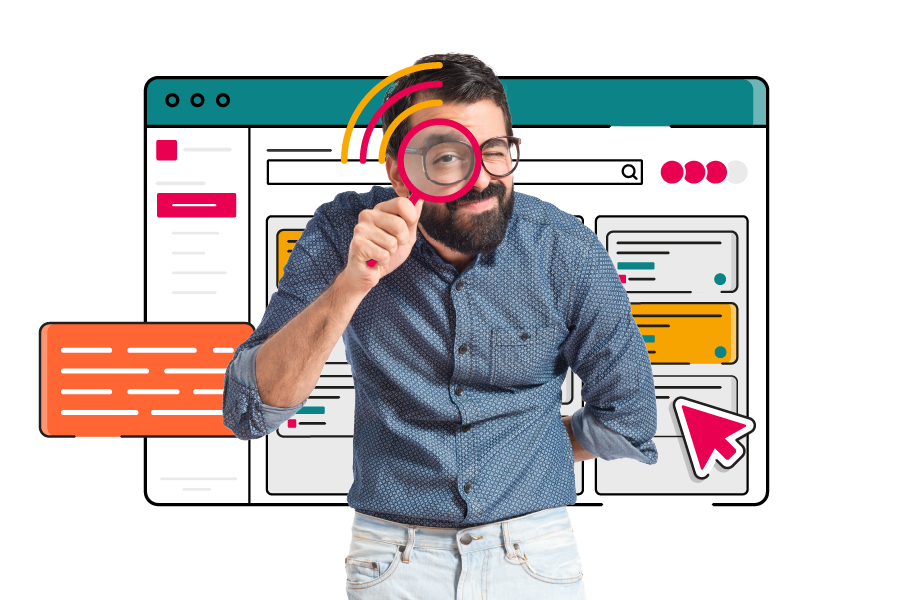 Illustration of a person standing in front of a stylised Jira interface in ScriptRunner brand colours, holding a large pink magnifying glass up to their eye. The background window shows colourful cards, text blocks, and a large pink cursor icon, suggesting searching and exploring content.