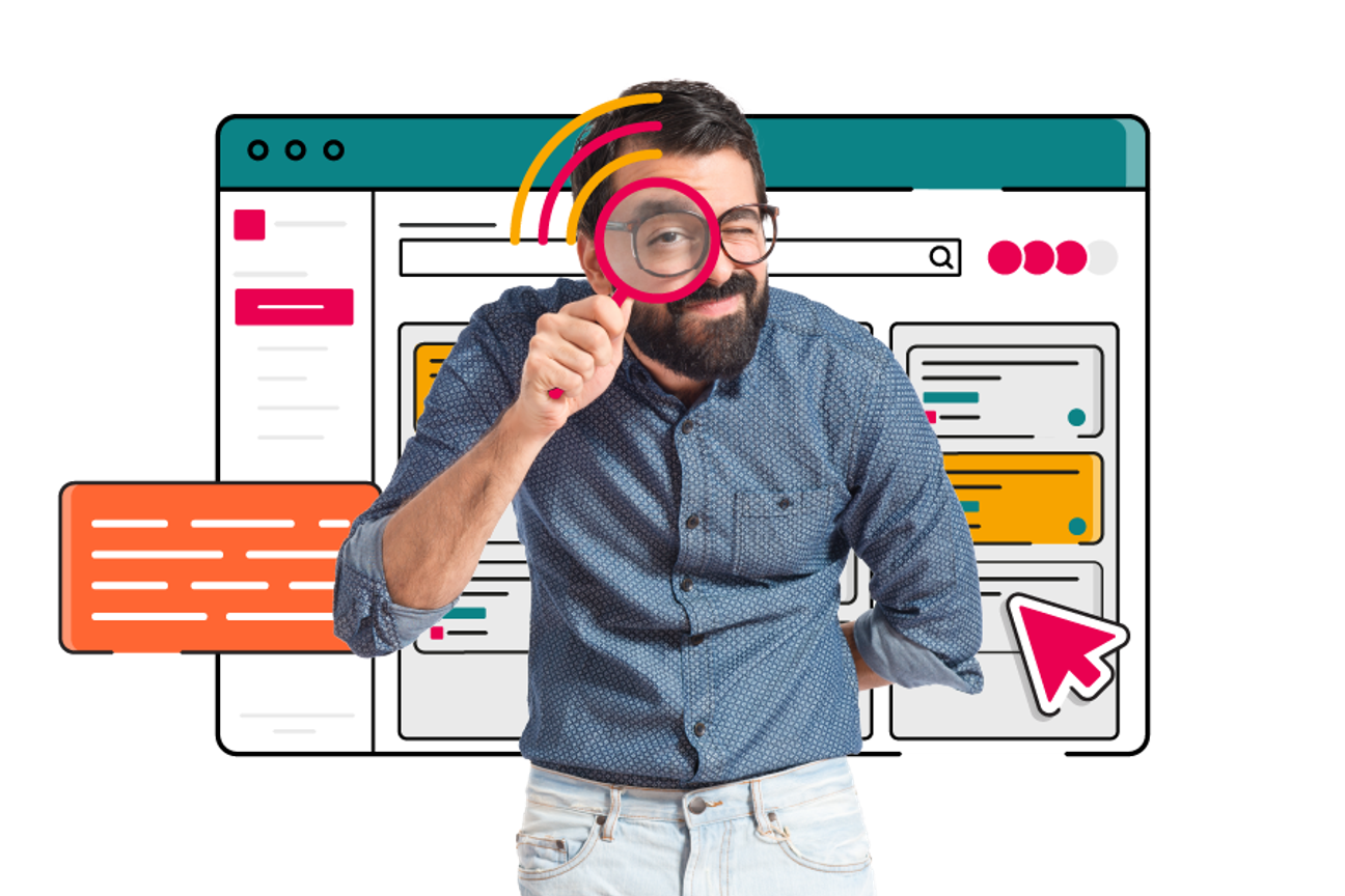 Illustration of a person standing in front of a stylised Jira interface in ScriptRunner brand colours, holding a large pink magnifying glass up to their eye. The background window shows colourful cards, text blocks, and a large pink cursor icon, suggesting searching and exploring content.