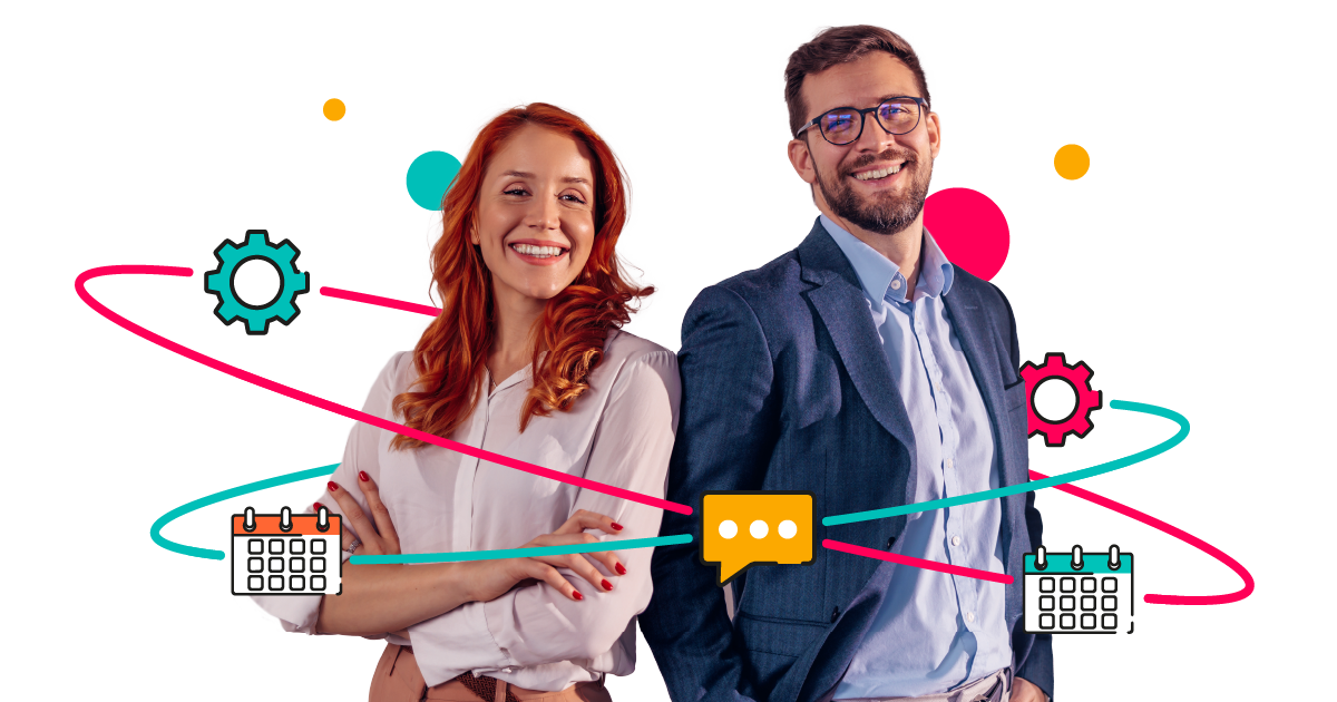 A woman and a man standing side by side surrounded by calendar icons and coloured circles