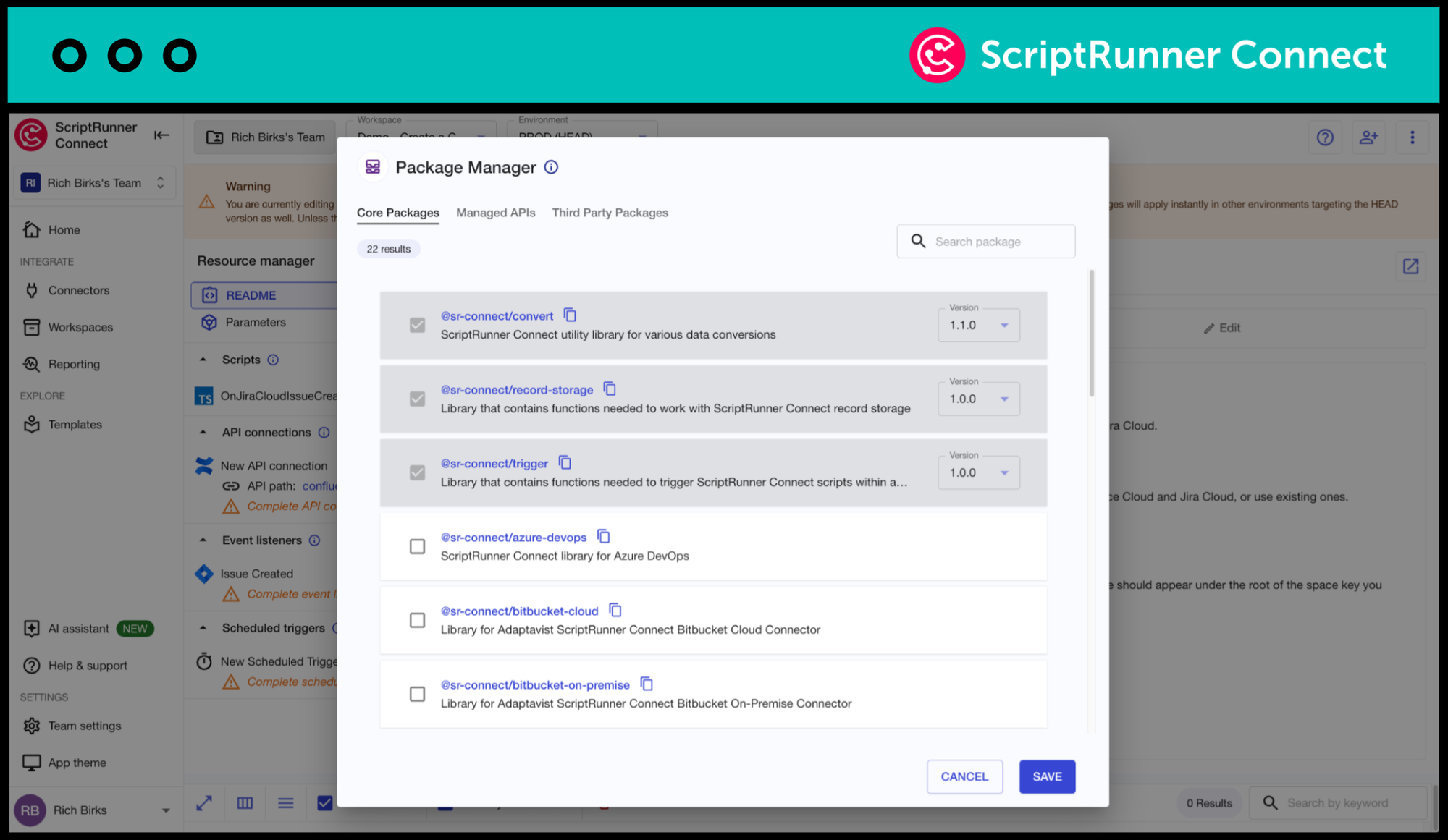 A view of the package manager in ScriptRunner Connect