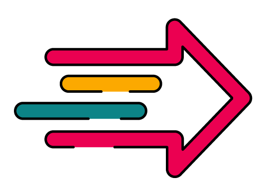 Stylised right-pointing arrow icon outlined in bright pink, with three horizontal speed lines in pink, teal, and yellow extending from the left.