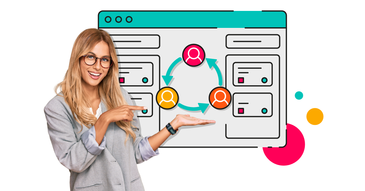 Person pointing towards a window with illustrations of people collaborating 