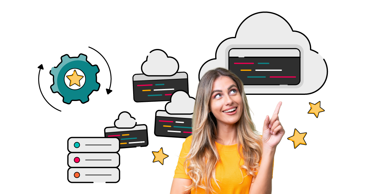 A smiling person in an orange top pointing upwards, surrounded by illustrated clouds containing colourful code snippets, a teal settings cog with arrows around it, a server stack, and yellow stars—symbolising automation made easy.