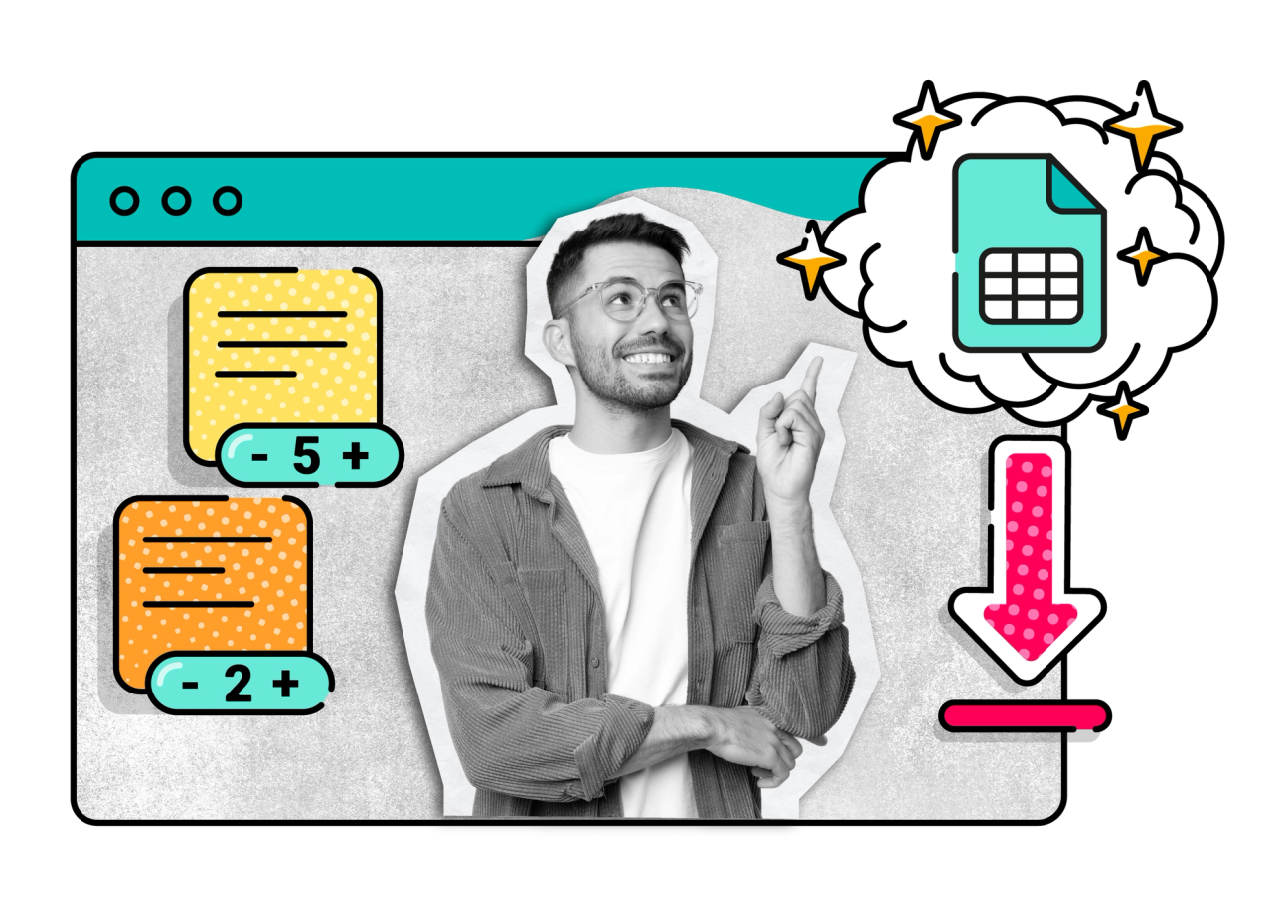 A colourful collage showing a happy man pointing towards his CSV download of Miro voting session, with stickies voted on and the ScriptRunner Leap logo underneath.
