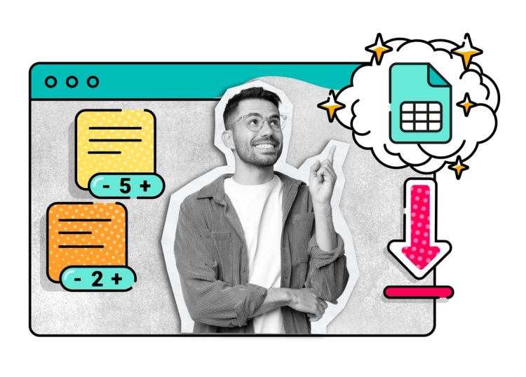 A colourful collage showing a happy man pointing towards his CSV download of Miro voting session, with stickies voted on and the ScriptRunner Leap logo underneath.