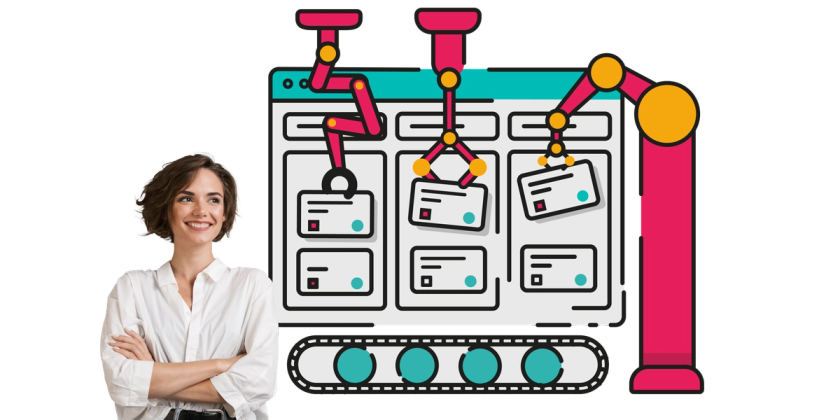 A smiling person with short hair, wearing a white shirt and standing with folded arms, is positioned beside a large illustrated Jira board. Above the board, bright pink and yellow robotic arms are shown automatically moving and sorting digital cards along a teal and grey conveyor belt, symbolising automation and efficiency.