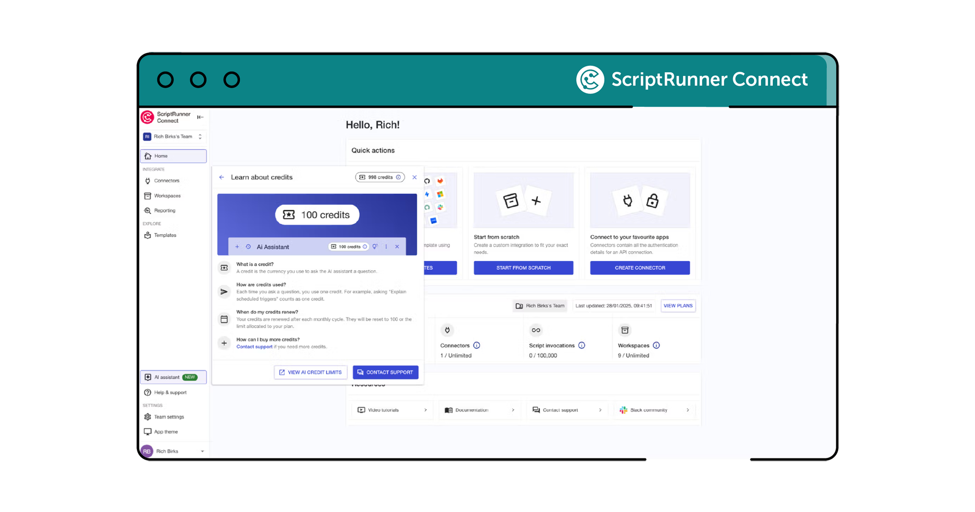 A screenshot of the ScriptRunner Connect interface showing information about AI credits within the AI assistant window