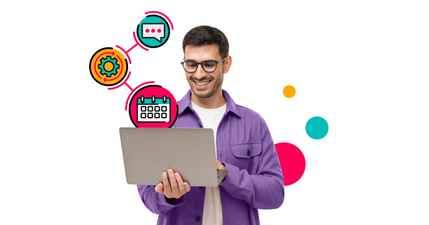 Person with glasses, wearing a purple shirt, holding a laptop, surrounded by illustrations of workplace tools