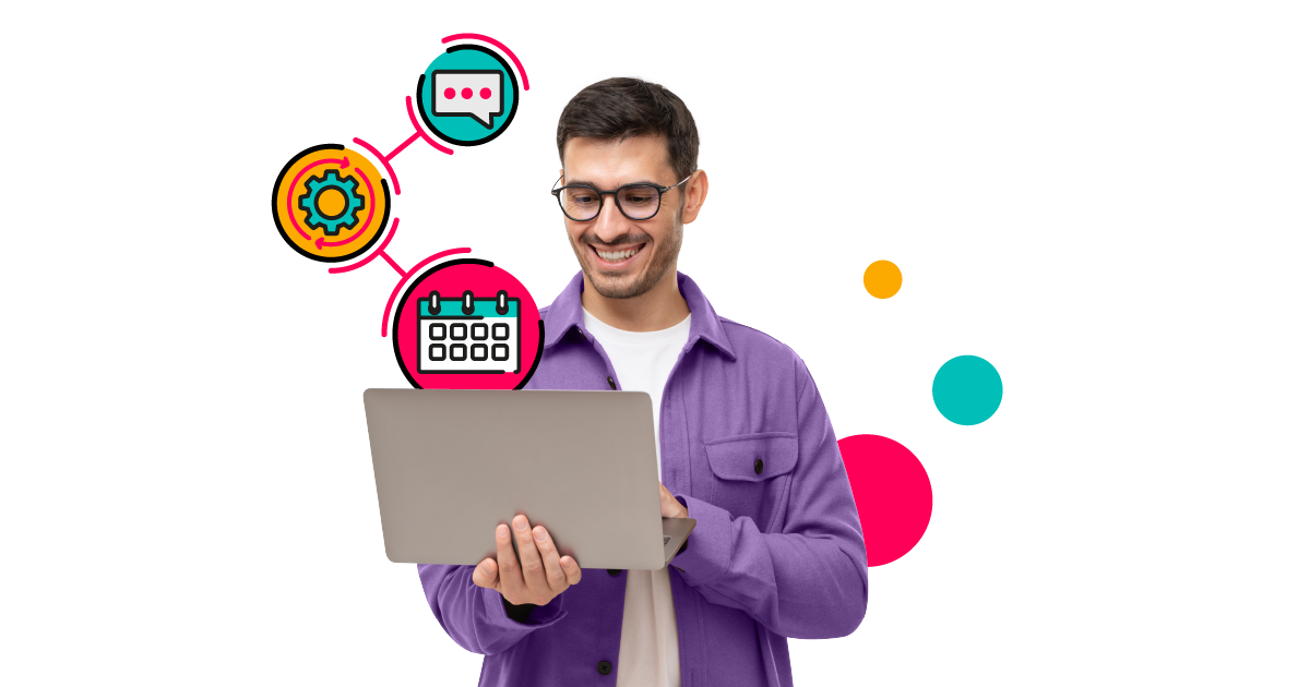 Person with glasses, wearing a purple shirt, holding a laptop, surrounded by illustrations of workplace tools