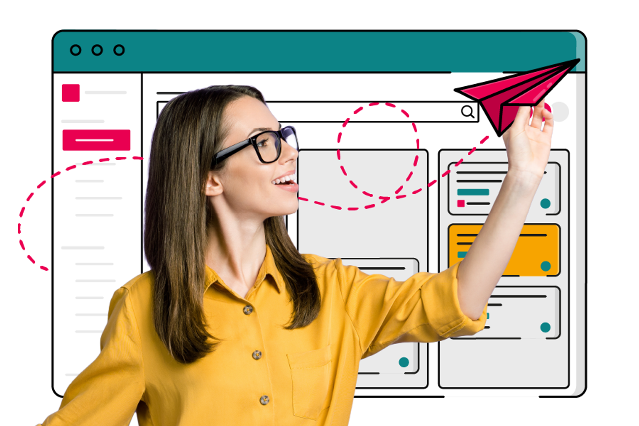 Person wearing glasses and a mustard yellow shirt smiling while launching a pink paper aeroplane, standing in front of a stylised ScriptRunner interface.