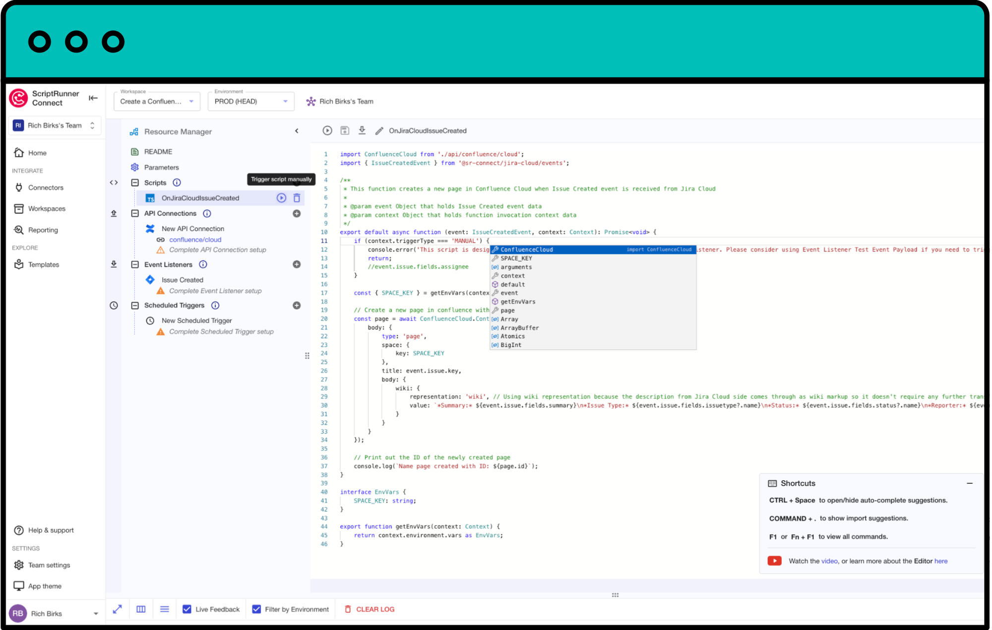 A screenshot of the code editor feature in ScriptRunner Connect showing available managed API functionality and the capability to trigger scripts manually