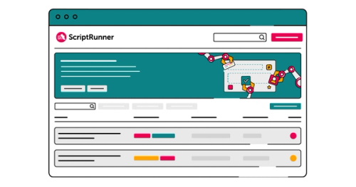 Illustration of a ScriptRunner-branded interface with magenta accents and a teal central panel. The panel shows a stylised automation scene, with robotic arms interacting with icons of tasks, checklists, and buttons, suggesting streamlined workflows and process automation with ScriptRunner.