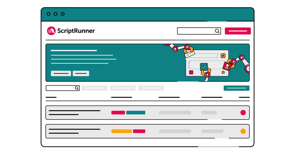 Illustration of a ScriptRunner-branded Behaviours interface with magenta accents and a teal central panel. The panel shows a stylised automation scene, with robotic arms interacting with icons of tasks, checklists, and buttons, suggesting streamlined workflows and process automation with ScriptRunner.