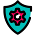 An icon showing a pink cog inside a green shield