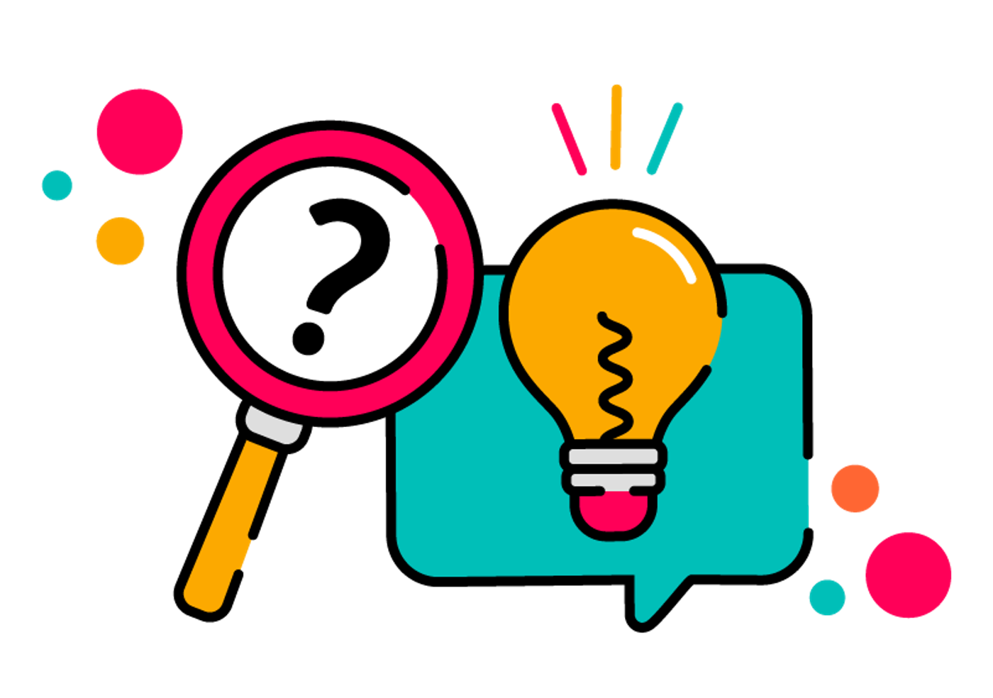 A magnifying glass with a question mark inside it, alongside a teal speech bubble with a light bulb inside it