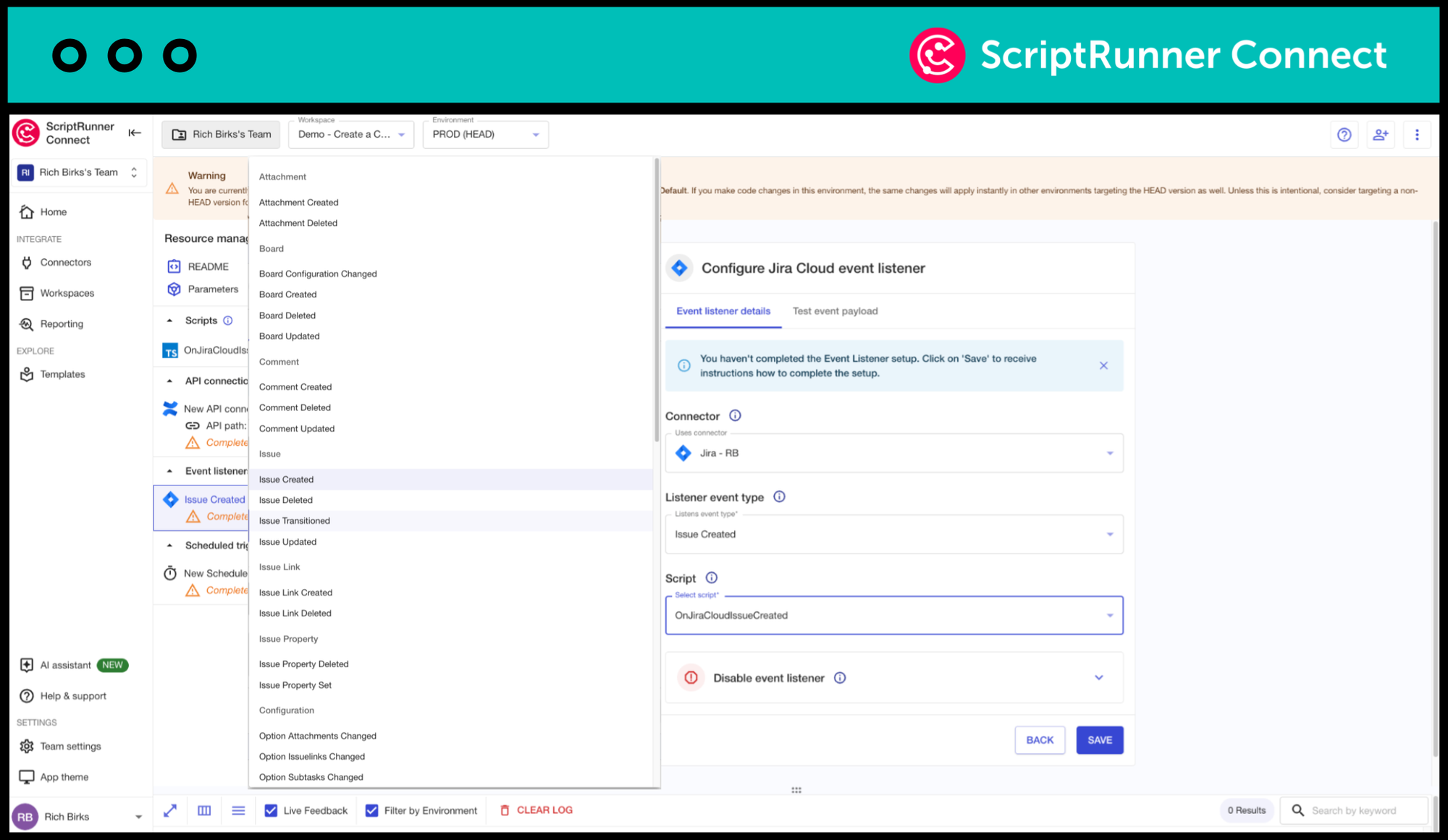 A view of how a user can set up an event listener in ScriptRunner Connect