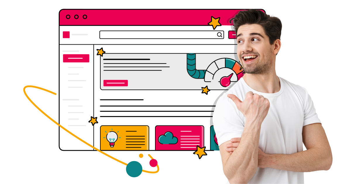A person in a white T‑shirt stands in front of an illustrated Confluence window, smiling and confidently pointing over their shoulder towards colourful panels, a speedometer‑style gauge, and scattered stars—suggesting powerful tools and ideas.