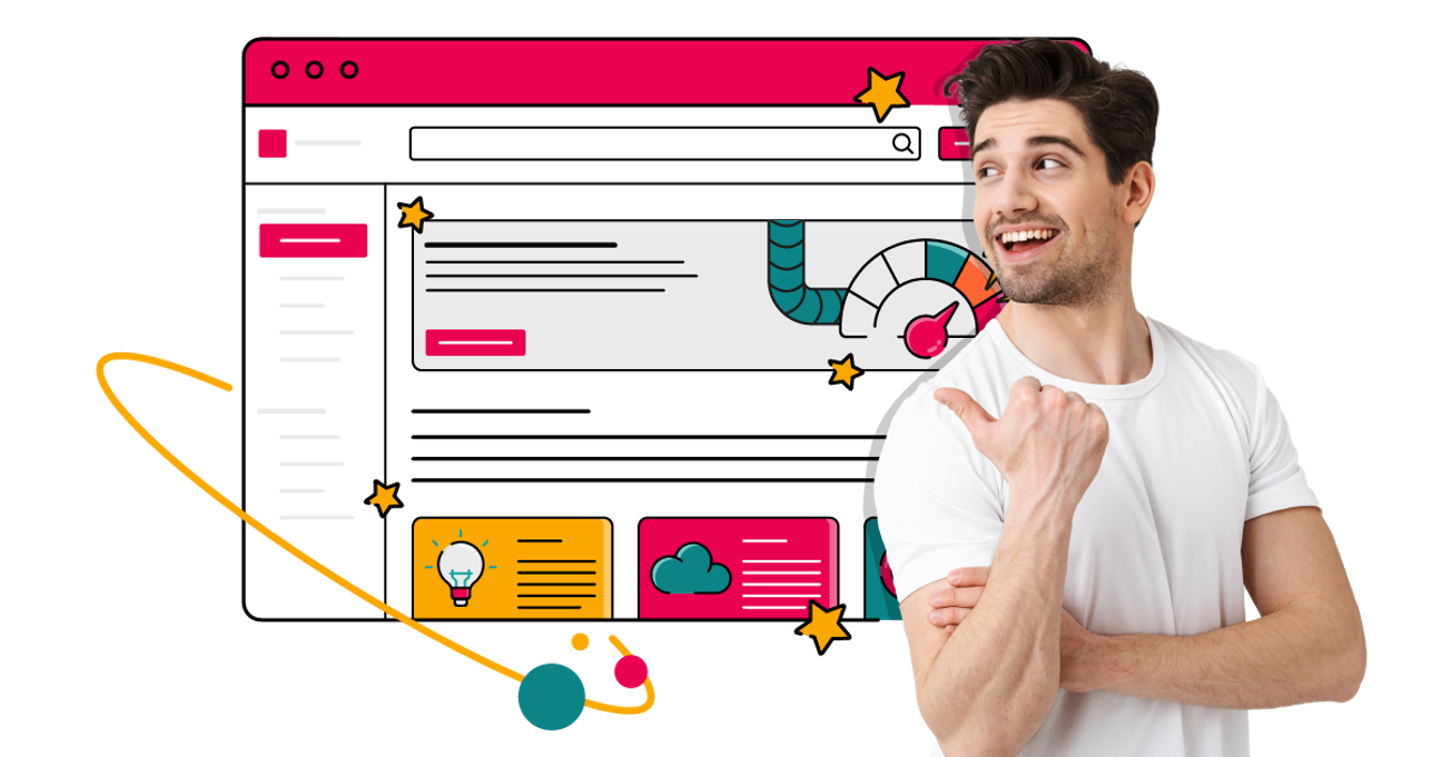 A person in a white T‑shirt stands in front of an illustrated Confluence window, smiling and confidently pointing over their shoulder towards colourful panels, a speedometer‑style gauge, and scattered stars—suggesting powerful tools and ideas.