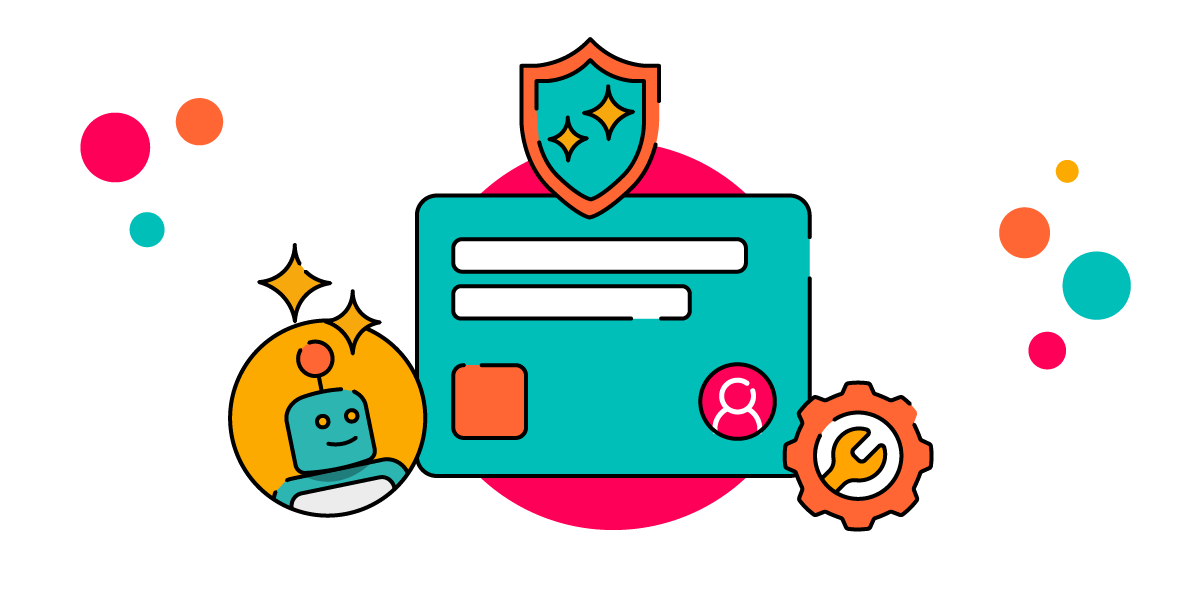 Illustration featuring a teal card-like interface with input fields, a shield icon above it, and a small circular user icon. A cute smiling robot sits to the left inside a yellow circle with sparkles, and a cog with a wrench symbol sits on the right. Colourful abstract dots decorate the background.