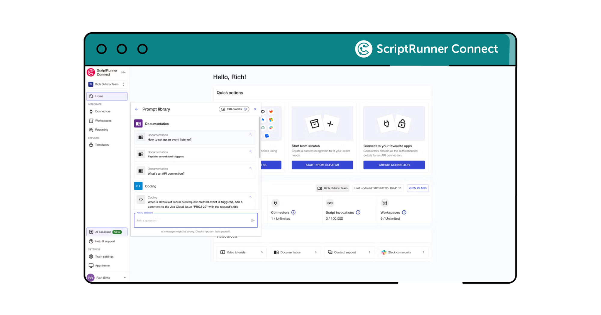 A screenshot of the ScriptRunner Connect interface, showing how the user can query documentation from inside the AI assistant window