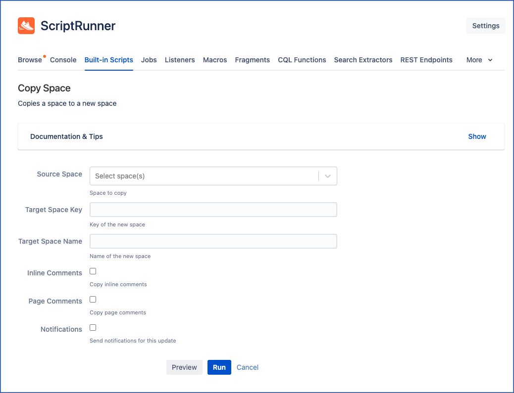 Copy Space built-in script from ScriptRunner for Confluence