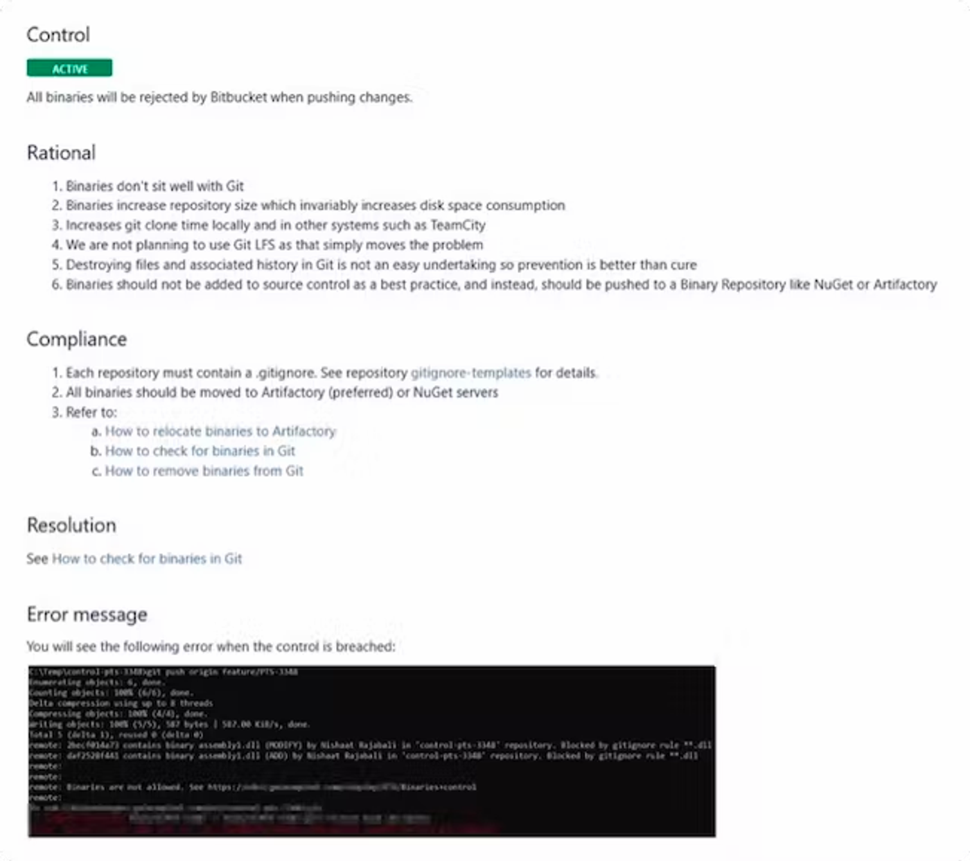 Screenshot of control information