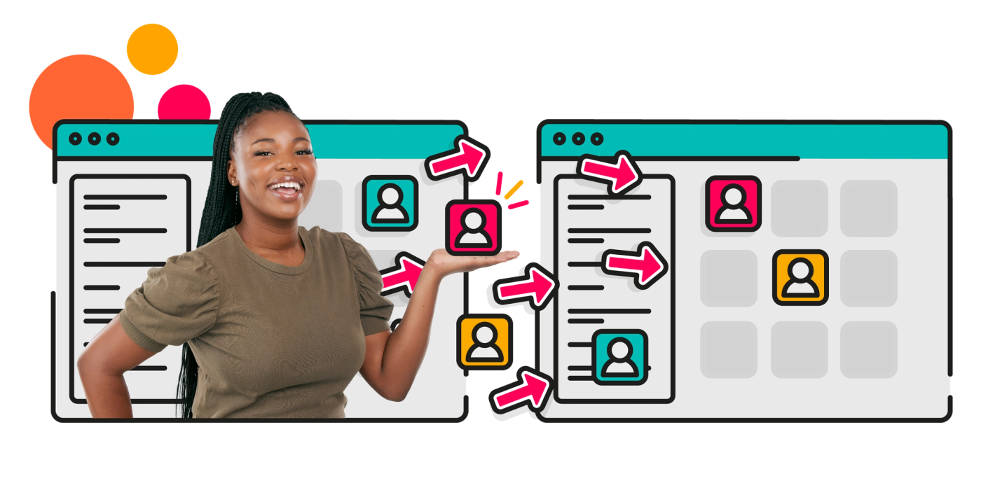 A person smiling at the camera in front of two illustrated JSM windows, showing icons of people moving from one to the other with pink arrows