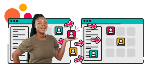 A person smiling at the camera in front of two illustrated JSM windows, showing icons of people moving from one to the other with pink arrows