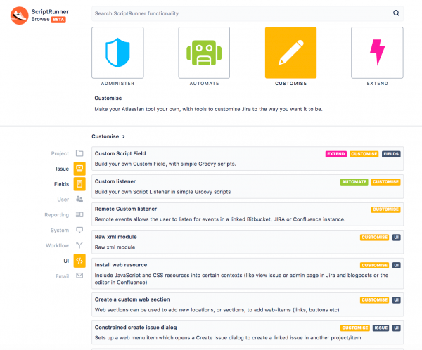 Screenshot of customise page