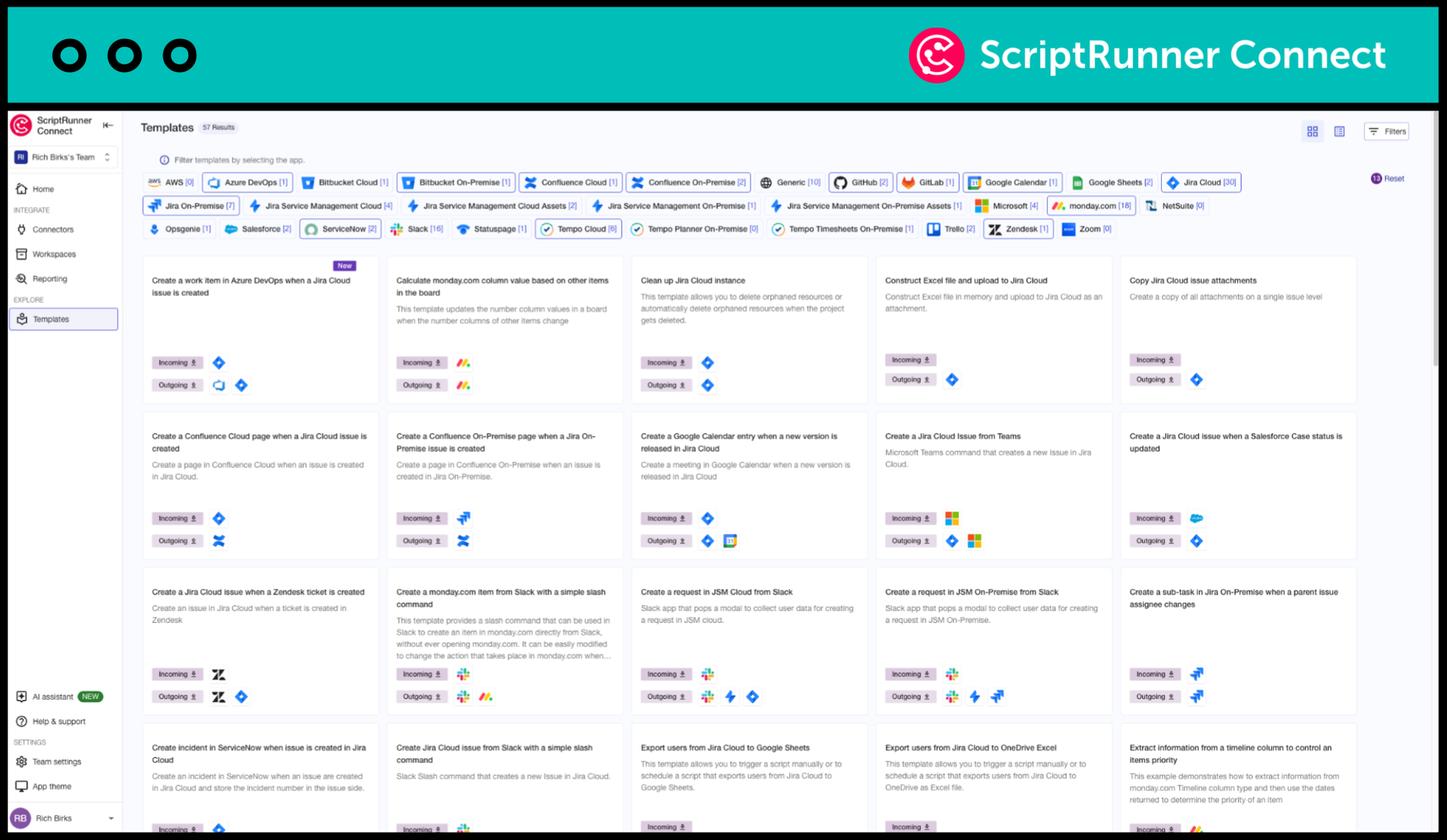 A view of all the templates available within ScriptRunner Connect