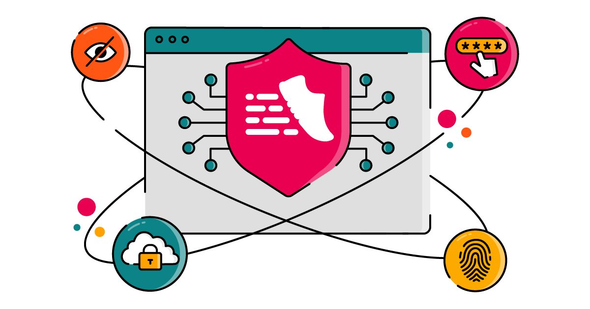 Illustrated graphic of a browser window with a large pink ScriptRunner shield at the centre, connected to circuit‑style nodes, representing secure automation. Around it orbit four security icons: an eye with a line crossing through it, a cursor clicking a password field, a cloud with a padlock, and a fingerprint.
