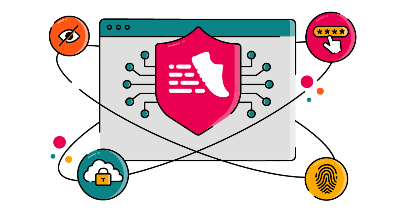 Illustrated graphic of a browser window with a large pink ScriptRunner shield at the centre, connected to circuit‑style nodes, representing secure automation. Around it orbit four security icons: an eye with a line crossing through it, a cursor clicking a password field, a cloud with a padlock, and a fingerprint.