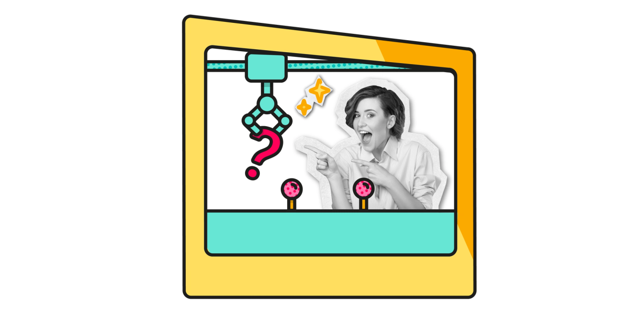 A person points excitedly at the prize they have won on a colourful claw machine. The prize is obscured with a giant question mark.