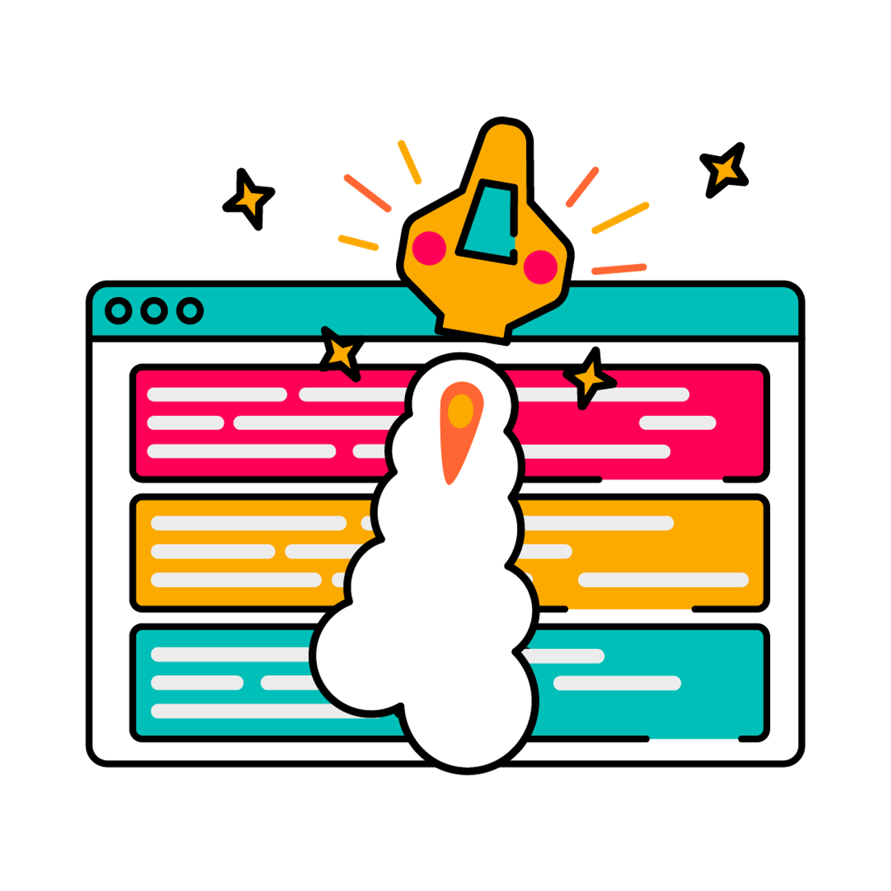 A rocket launches through a webpage full of colourful scripts