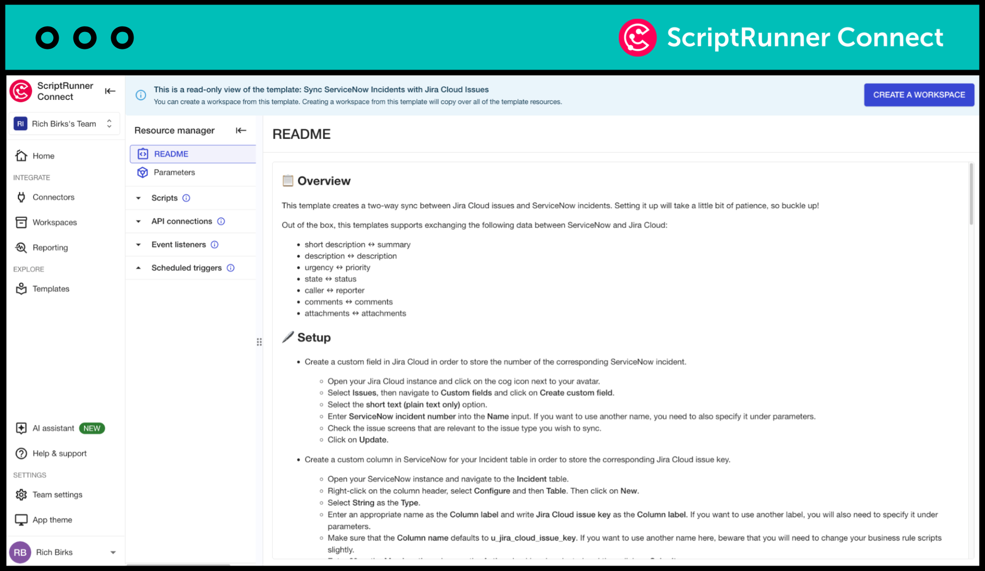 A view of the READ ME section of a template in ScriptRunner Connect