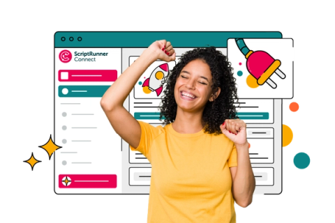 Illustration of a person in a yellow T‑shirt smiling with their eyes closed and raising both arms in celebration in front of a stylised ScriptRunner Connect interface. The background window shows colourful icons, including a rocket and a large plug, with decorative stars and circles, suggesting successful integrations.