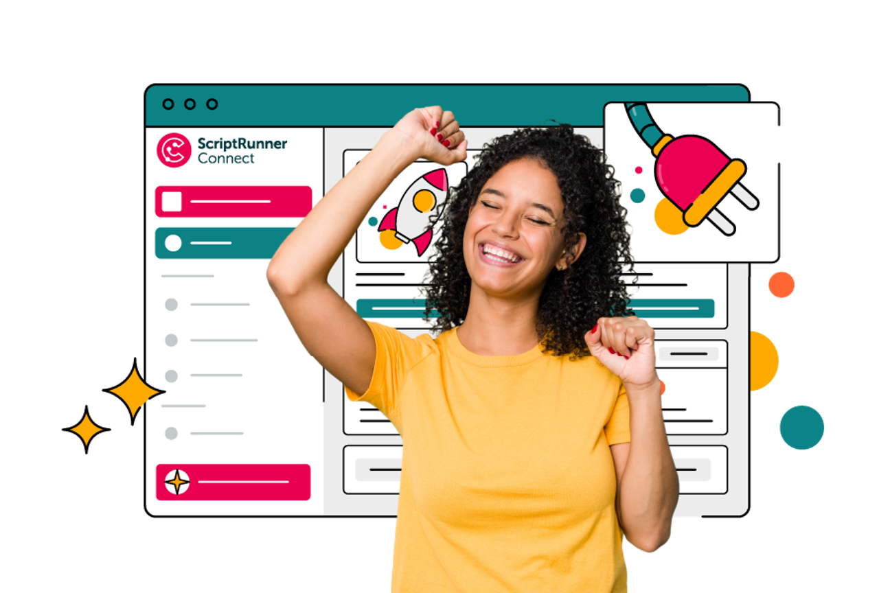 Illustration of a person in a yellow T‑shirt smiling with their eyes closed and raising both arms in celebration in front of a stylised ScriptRunner Connect interface. The background window shows colourful icons, including a rocket and a large plug, with decorative stars and circles, suggesting successful integrations.