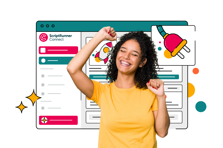 Illustration of a person in a yellow T‑shirt smiling with their eyes closed and raising both arms in celebration in front of a stylised ScriptRunner Connect interface. The background window shows colourful icons, including a rocket and a large plug, with decorative stars and circles, suggesting successful integrations.