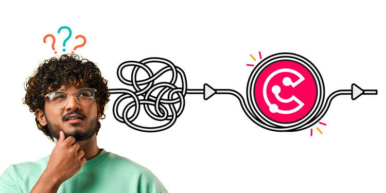 A confused person has a tangle of wires coming from their head which transforms into a simple, single wire with the ScriptRunner Connect logo in flow