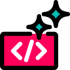 A pink box with a left arrow, forward slash and right arrow inside, with grey coloured stars to the top right - to symbolise a code environment supported by AI