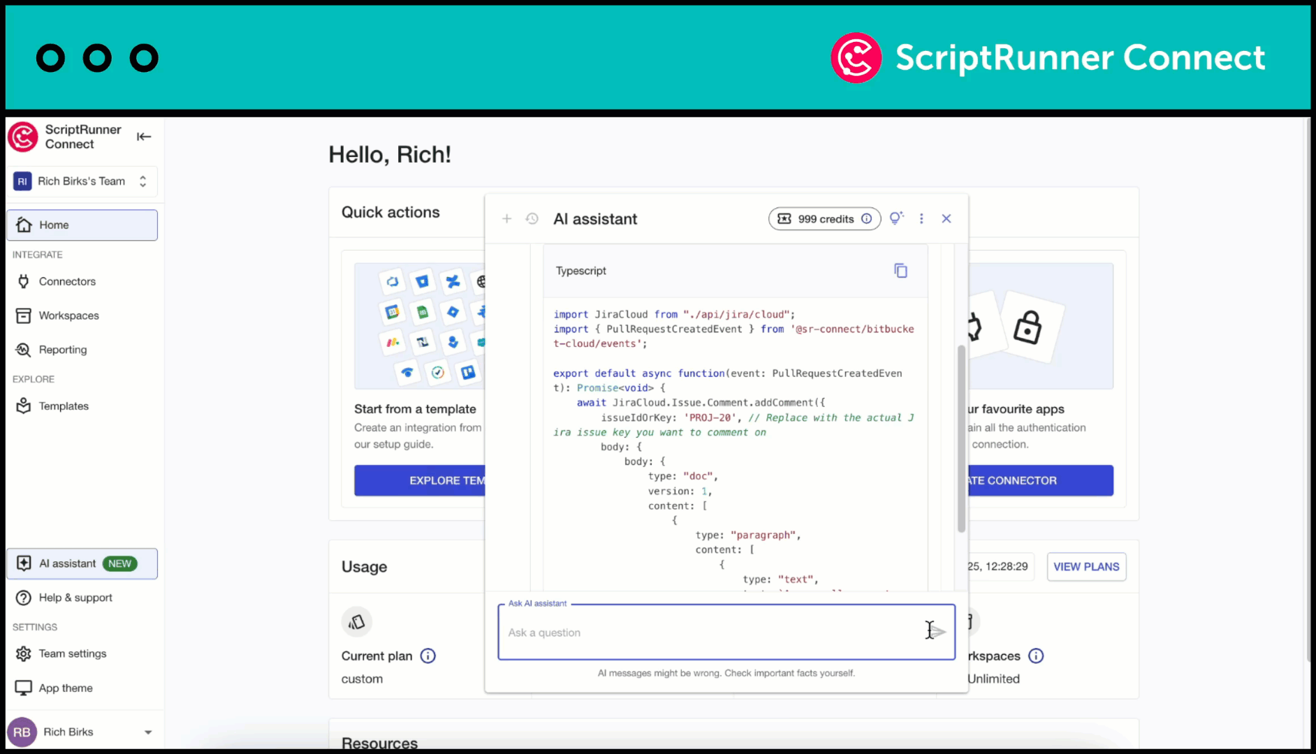 A view of how a user can use the AI assistant to generate code in ScriptRunner Connect