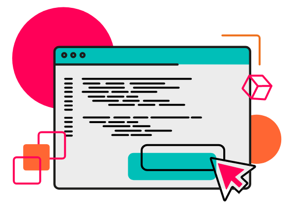 An illustrated Confluence window with an oversized pink cursor and colourful accents