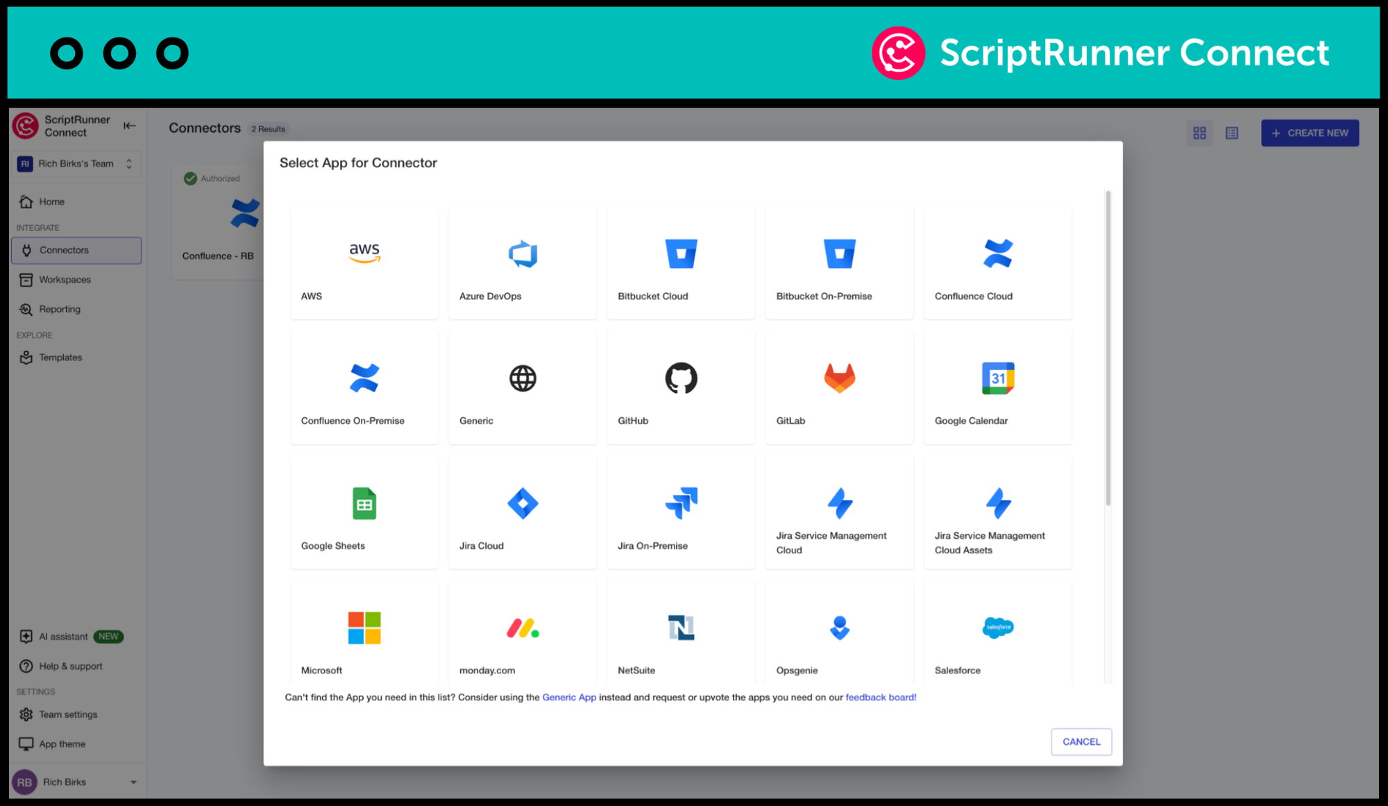 A view of the 20+ apps available to connect within ScriptRunner Connect