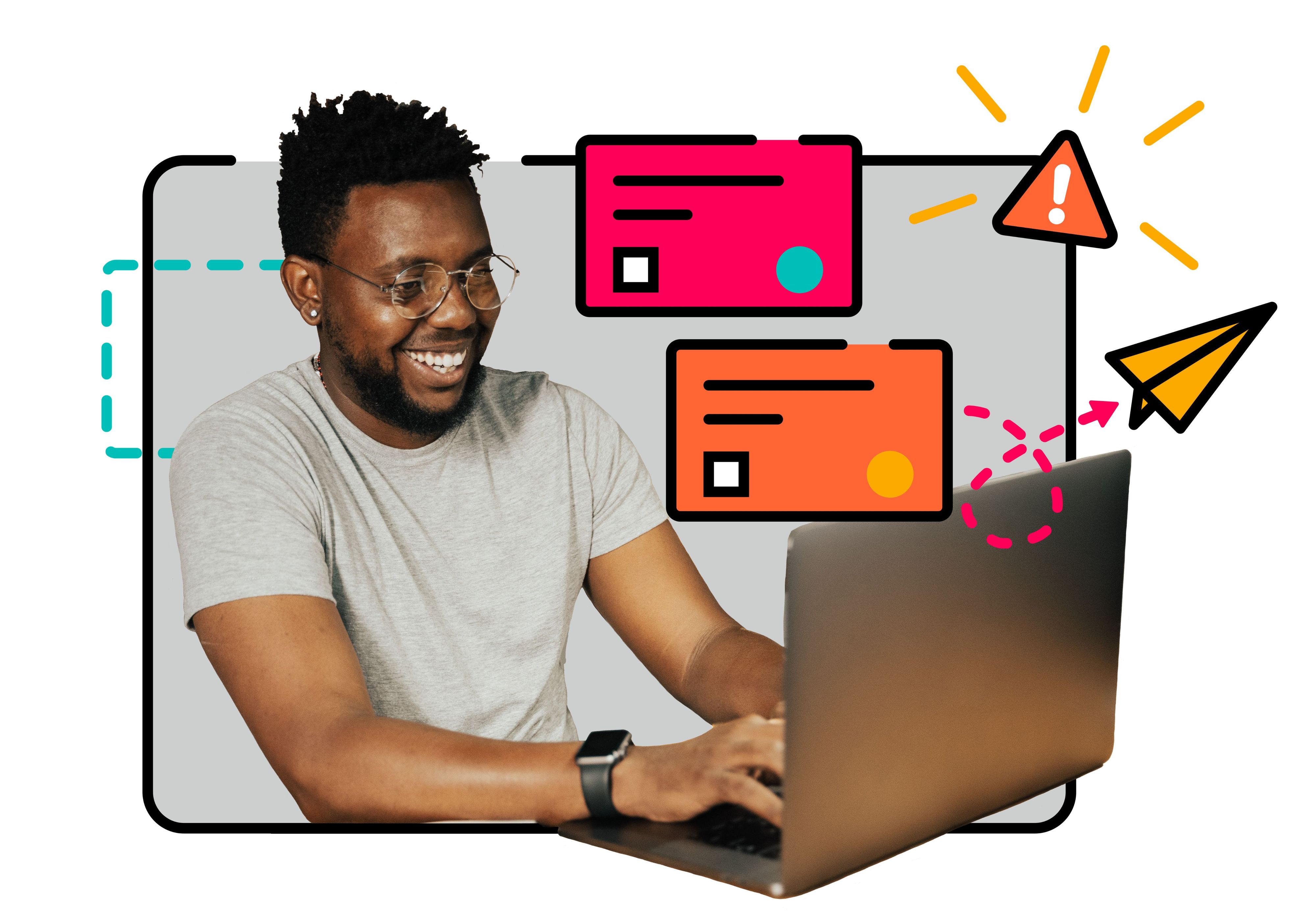 A smiling person typing on a laptop, flying through their Jira issues as a paper plane carries an alert message away