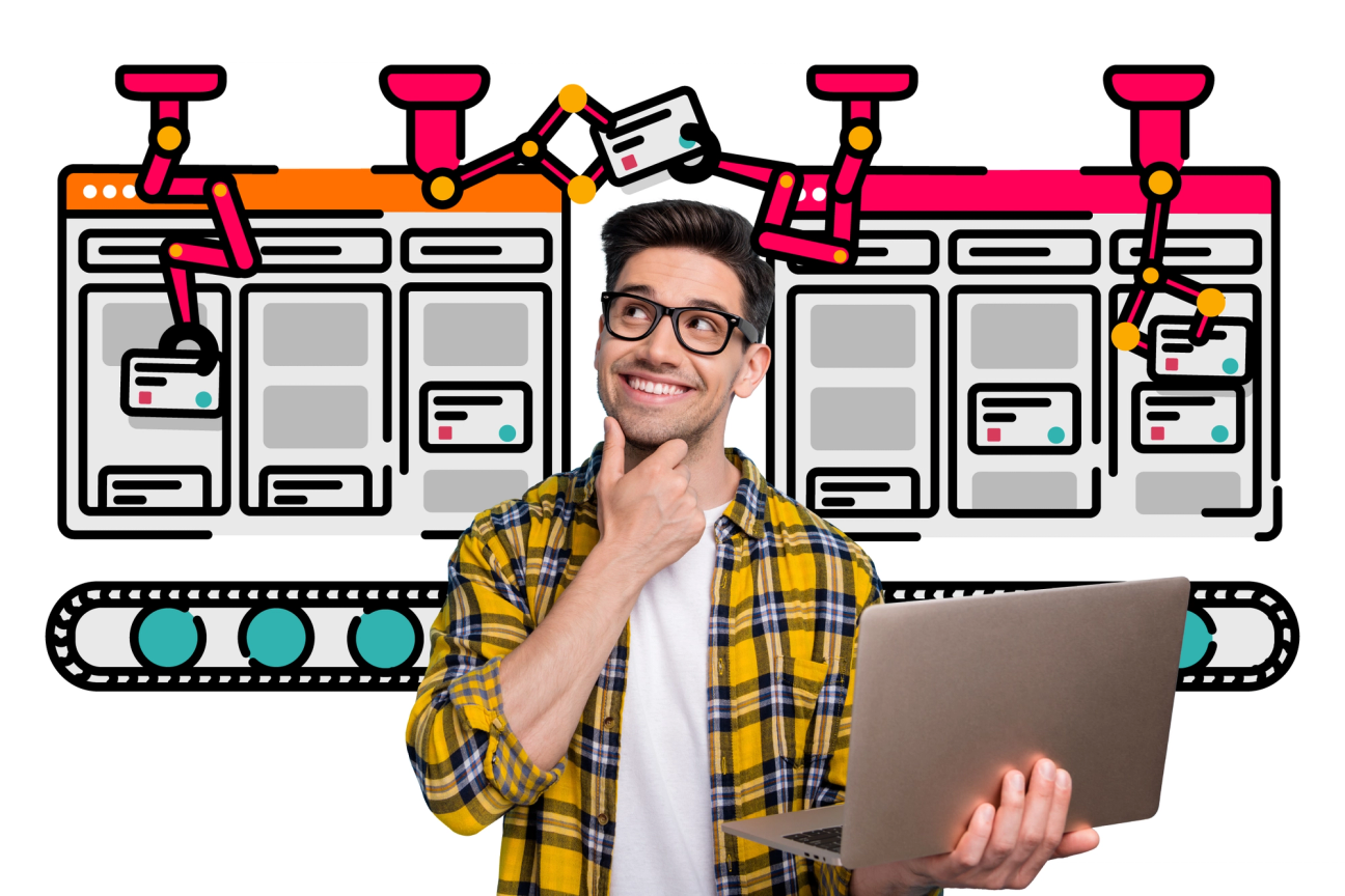A person with a laptop looking thoughtful with scripts moving in the background