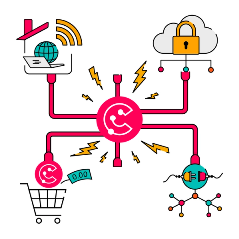Energised ScriptRunner Connect logo surrounded by four new features: Private cloud hosting, Connector Sharing, Remote Workspace and AWS 