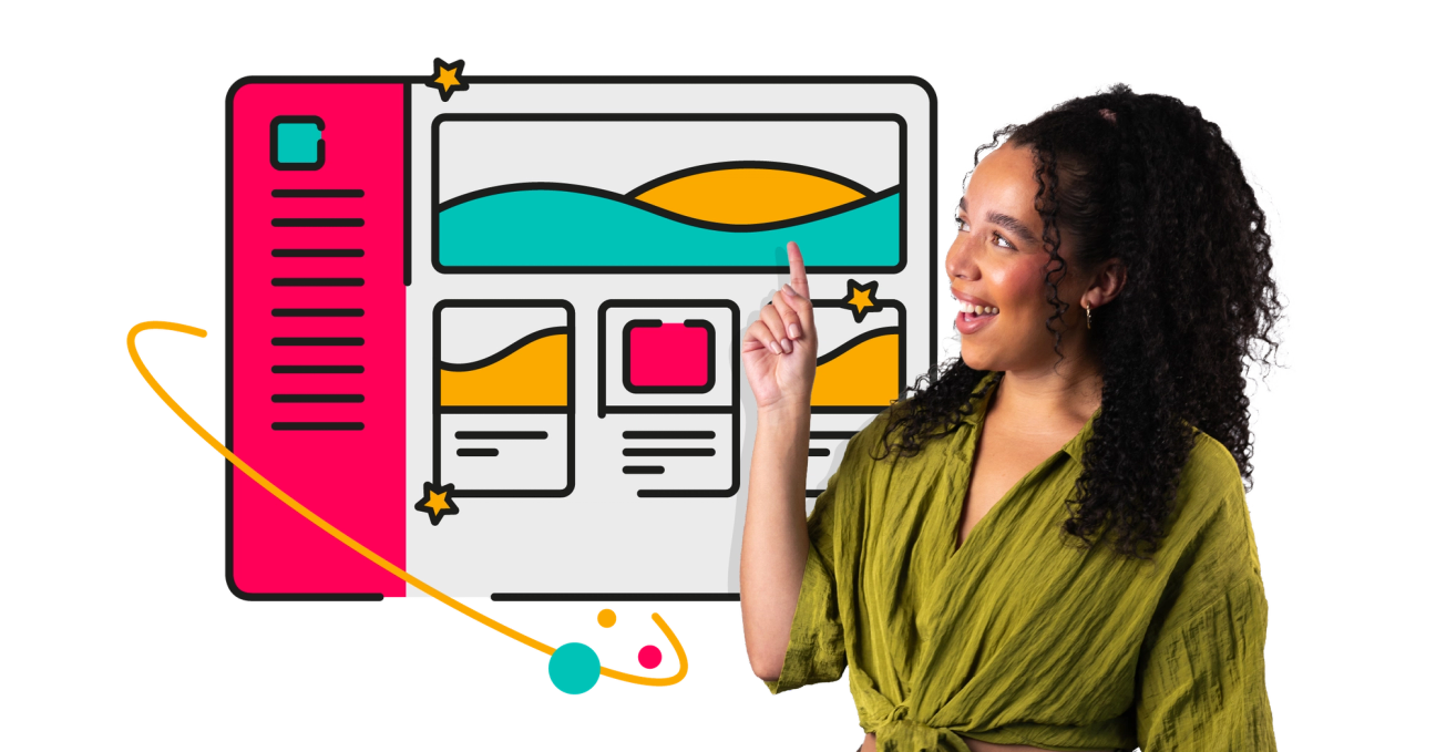 A person holding a notebook and pencil stands in front of an illustration of a Confluence page