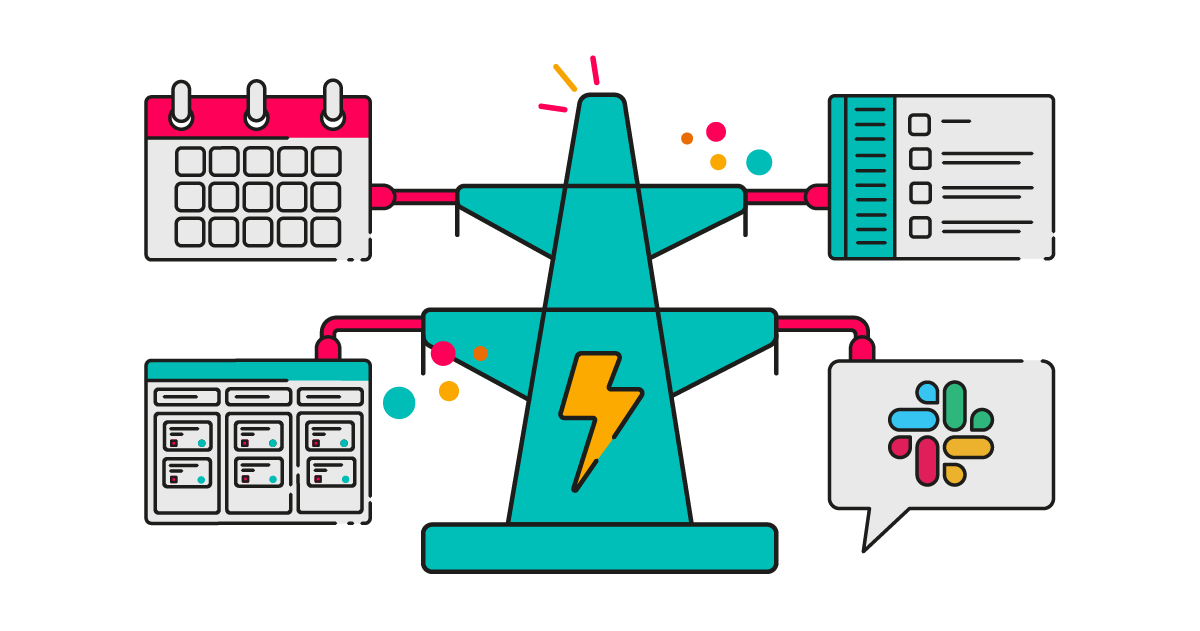 A teal pylon with a lightning bolt connects illustrated windows of multiple different apps